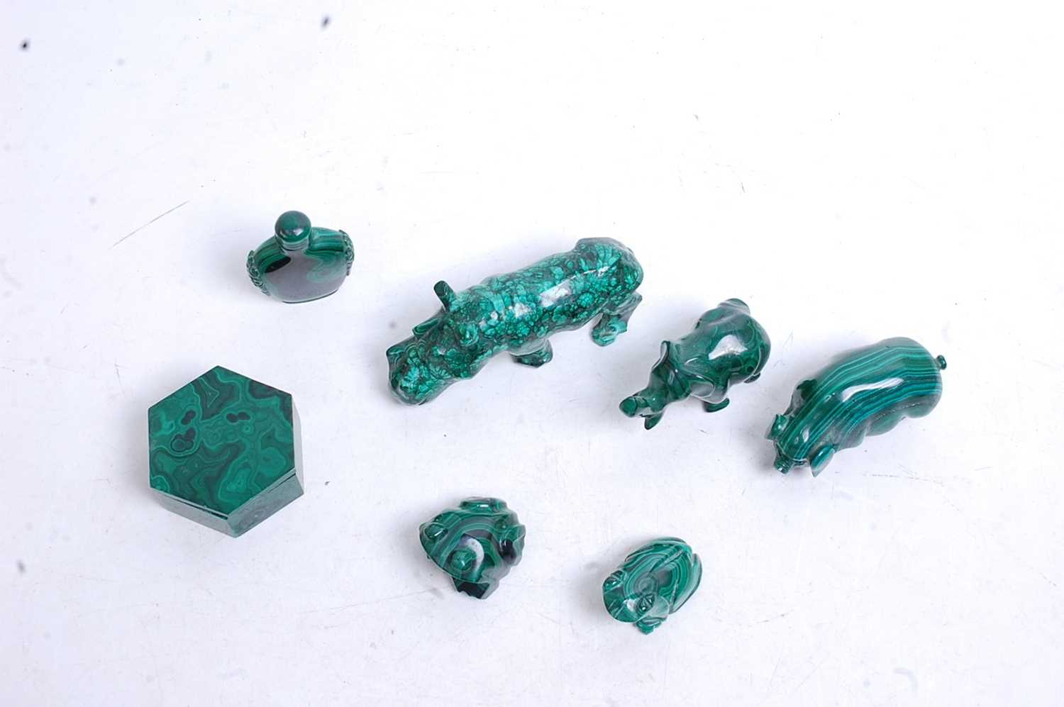 A collection of seven malachite carvings, to include hippopotamus, frog, elephant etc, the largest - Image 2 of 3