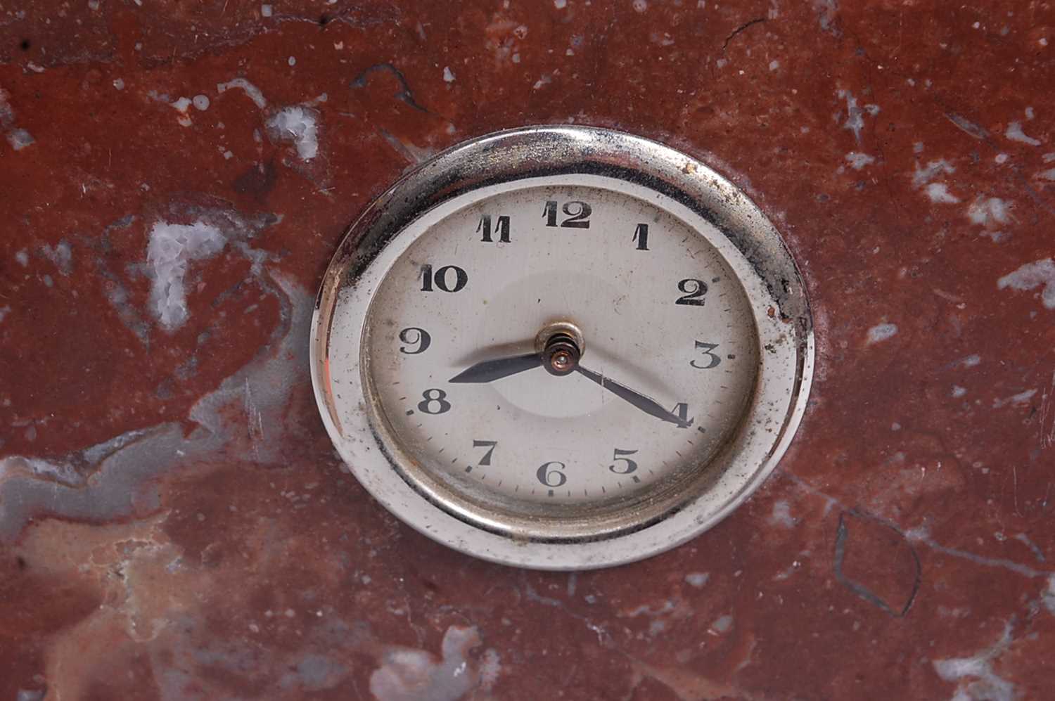 An Art Deco two colour marble three piece clock garniture together with a silver plated spirit - Image 3 of 4