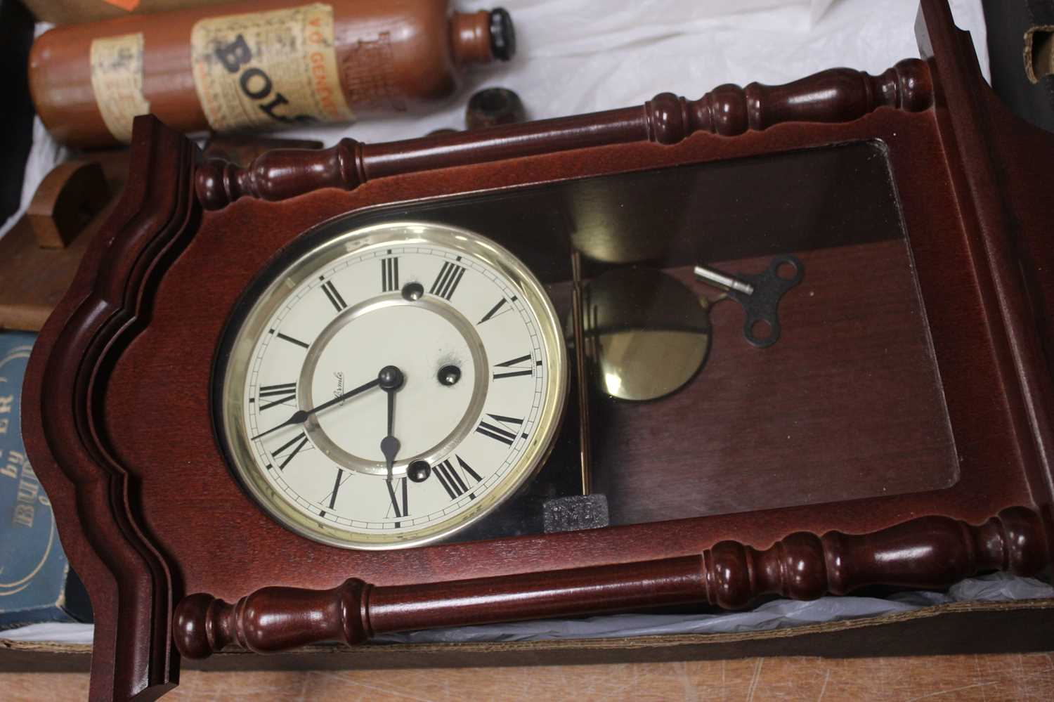 A box containing a collection of various items, to include a mahogany cased eight day chiming wall - Image 3 of 4