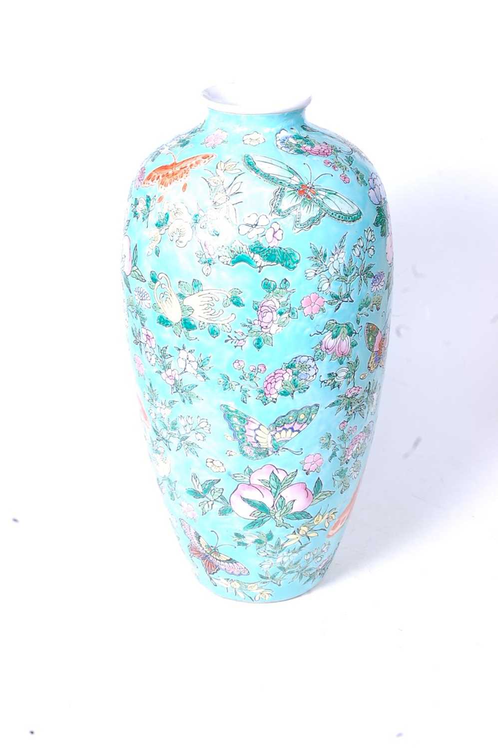 A Chinese export Meiping vase, on a turquoise ground enamel decorated with butterflies and - Image 6 of 6