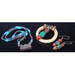 Tibetan costume jewellery comprising bone and malachite ring pendant, pair of coral and turquoise