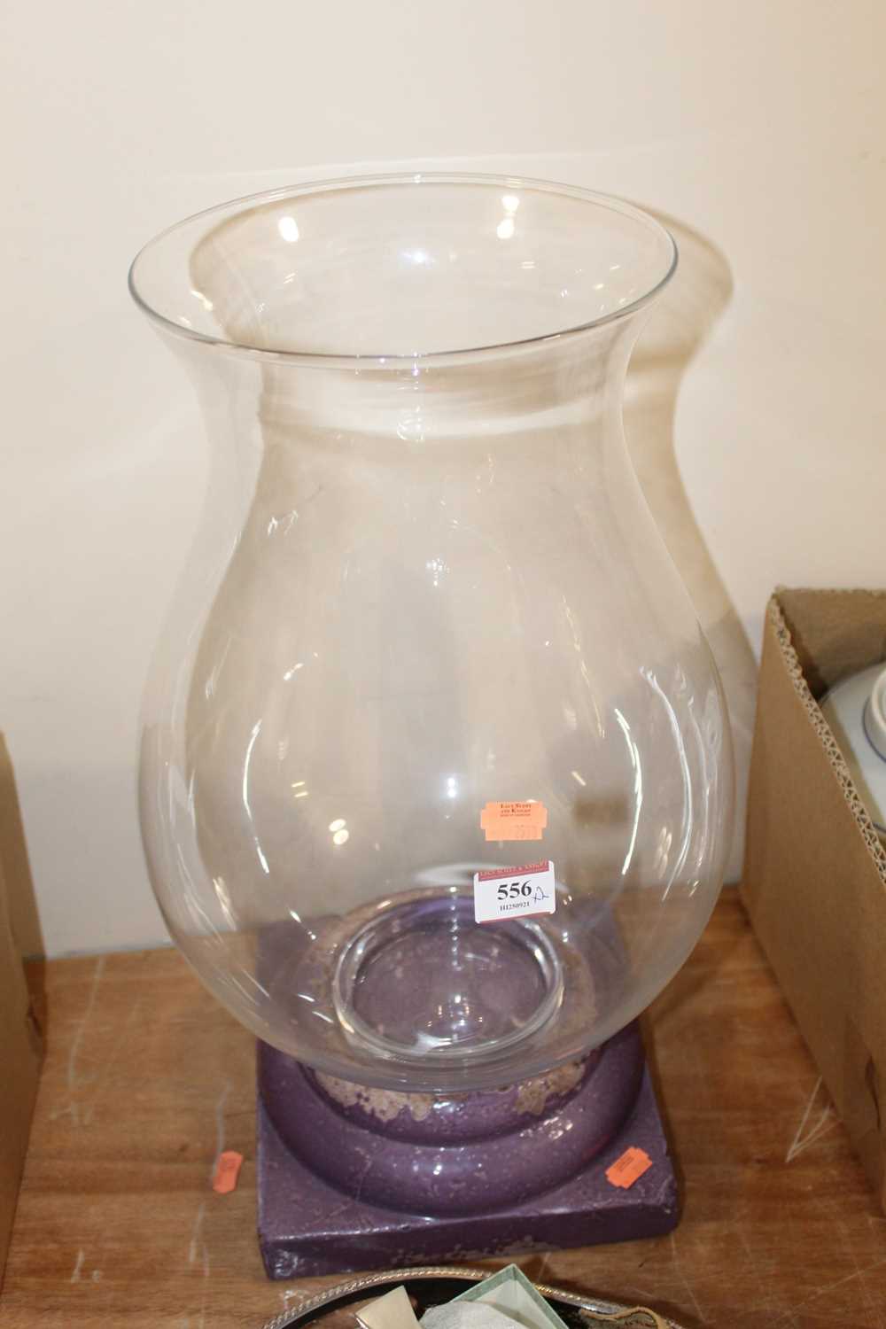 A large glass storm light on ceramic base together with a pewter quaiche, two decanters and - Image 2 of 3
