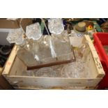 A box of cut crystal and moulded glassware to include three bottle decanter carrier, etc