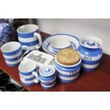 A collection of TG Green electric blue Cornishware, to include a tea canister, jugs, bowls, mugs