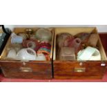 Two boxes of Victorian and later lamp shades, to include cranberry tinted glass examples