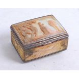 A 19th century white metal pocket snuff-box, the hinged lid with mother of pearl panel carved with