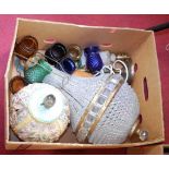 A box of miscellaneous items, to include a brass framed glass ceiling light fitting, table lamp,