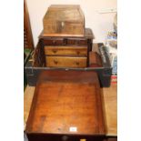 A 19th century mahogany slopefront hinge top artist's slope, pitched pine apprentice chest,