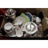 A box of sundry china wares to include Royal Albert Prairie Rose part tea set, silver plated