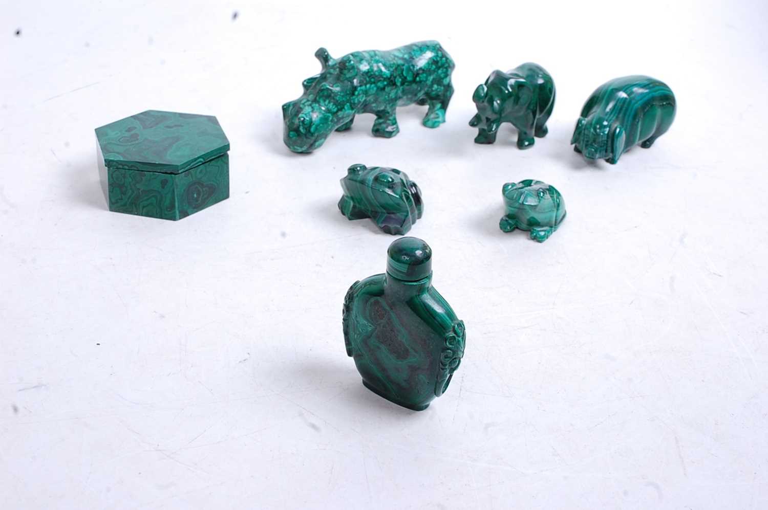 A collection of seven malachite carvings, to include hippopotamus, frog, elephant etc, the largest - Image 3 of 3