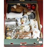 A box of miscellaneous items, to include Continental figures, soft toy, costume jewellery etc