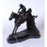 A bronzed figure of a racehorse and jockey jumping a hurdle, on naturalistic base and marble plinth,
