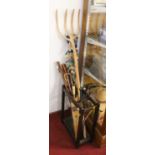 A collection of various walking sticks, riding crops and parasols and a stick stand