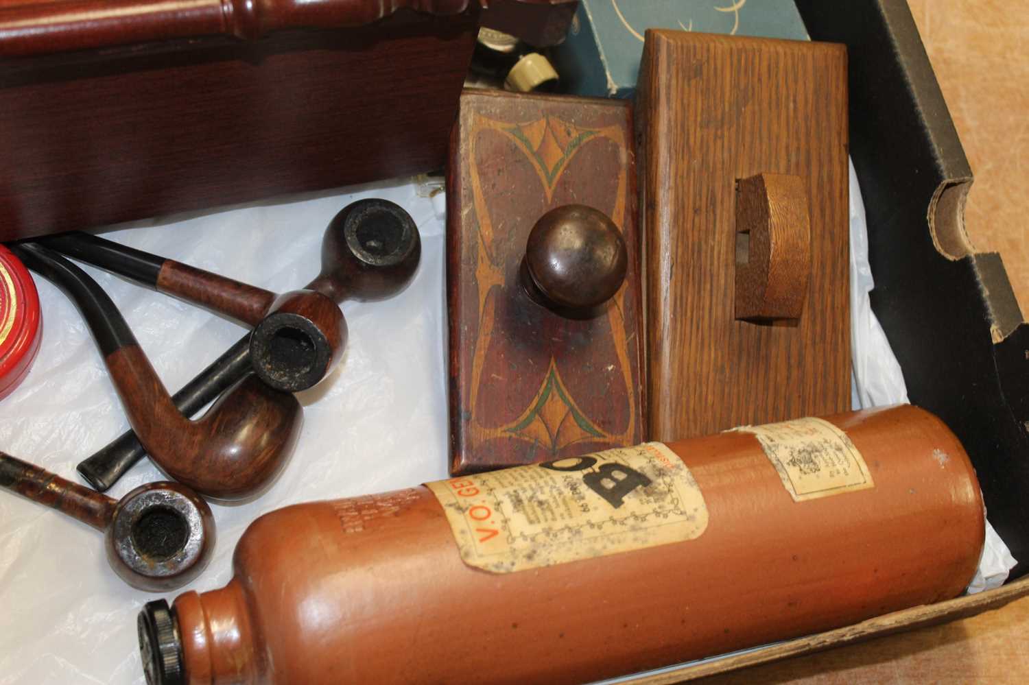 A box containing a collection of various items, to include a mahogany cased eight day chiming wall - Image 2 of 4