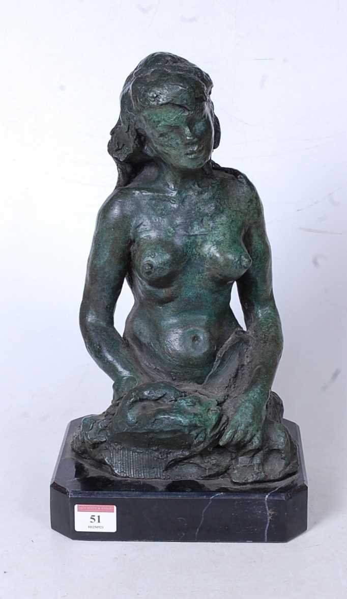 A modern green patinated bronze figure of a female nude on marble plinth, height 37cm