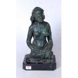 A modern green patinated bronze figure of a female nude on marble plinth, height 37cm