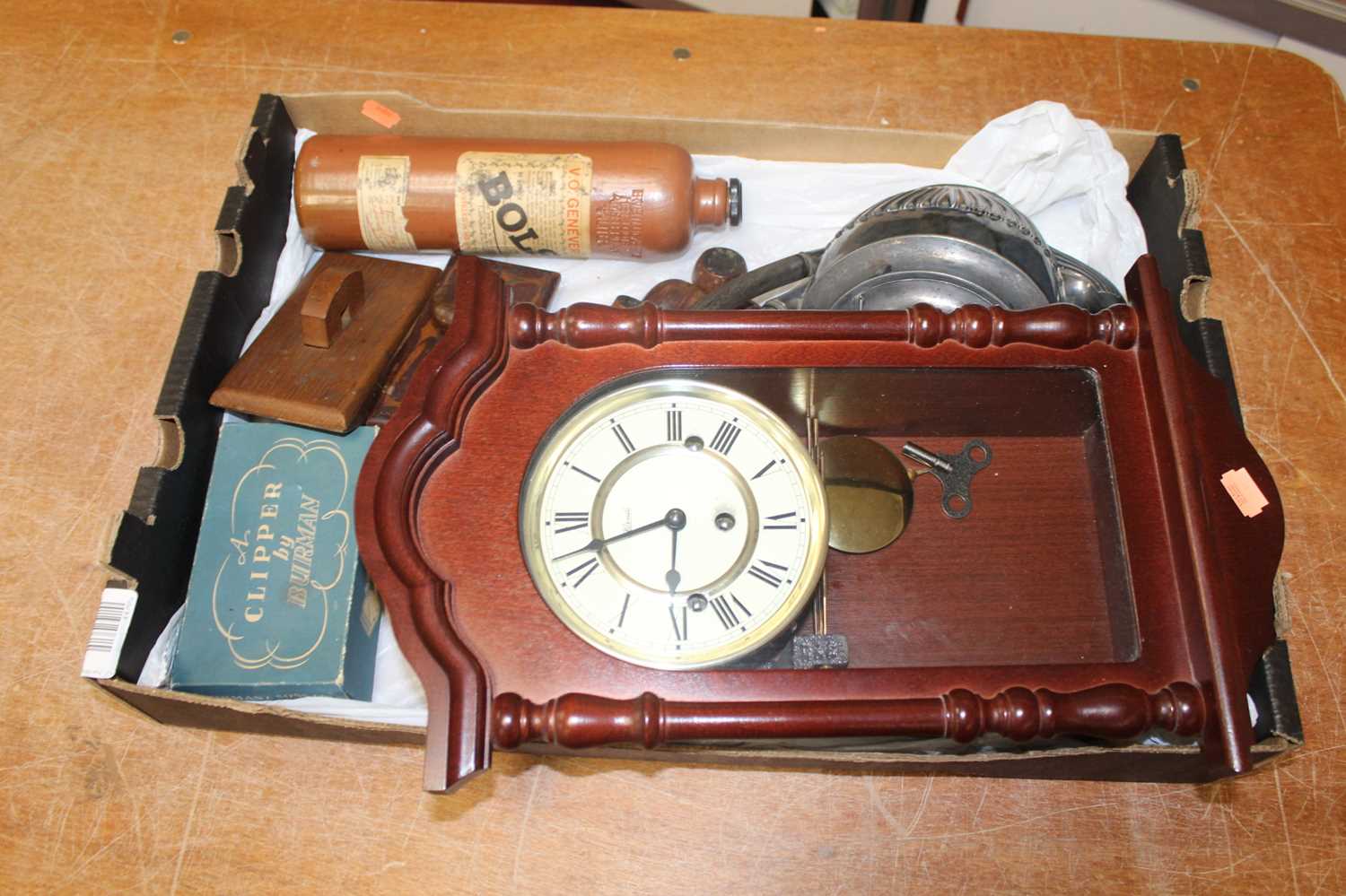 A box containing a collection of various items, to include a mahogany cased eight day chiming wall - Image 4 of 4