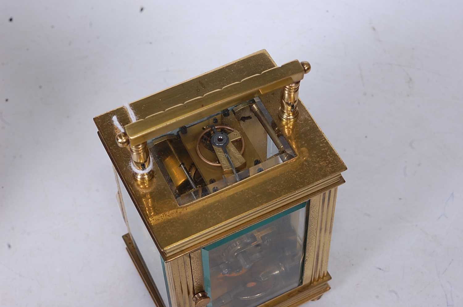 An early 20th century French lacquered brass cased carriage clock, with single train movement and - Image 3 of 4