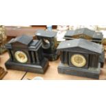 A late Victorian black slate and veined marble mantel clock of architectural form having an