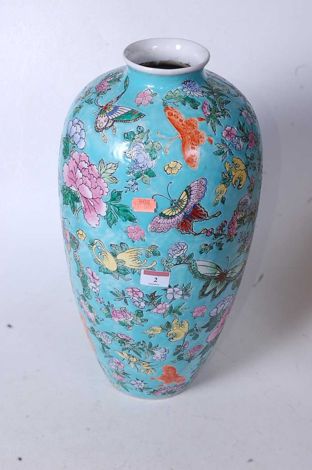 A Chinese export Meiping vase, on a turquoise ground enamel decorated with butterflies and - Image 4 of 6