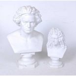 A parian head and shoulders portrait bust of Mozart, on a titled socle base, impressed verso with