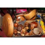 A collection of miscellaneous treen items, to include a piece of yew wood polychrome painted with