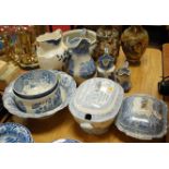 A collection of 19th century and later blue and white tablewares, to include tureens and covers,