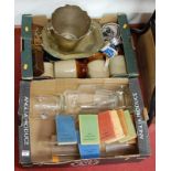 Two boxes of miscellaneous items, to include plated wine cooler, various Observers pocket books,