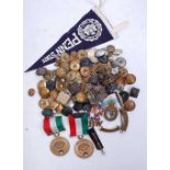 A collection of assorted military badges, buttons, shoulder titles, some cap badges to include