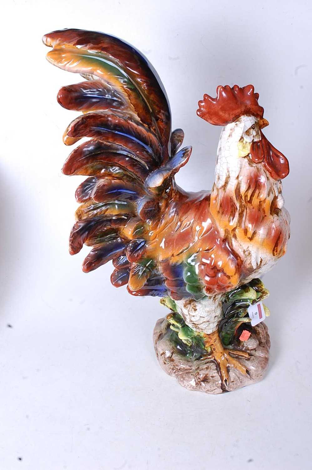 A large 20th century Continental glazed model of a cockerel, in standing pose on naturalistic - Image 2 of 3