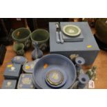 A collection of Wedgwood jasper wares, to include pair of cache pots, pair of dwarf table