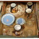 A box of miscellaneous items, to include a Great Yarmouth Potteries Corton Village tankard, to