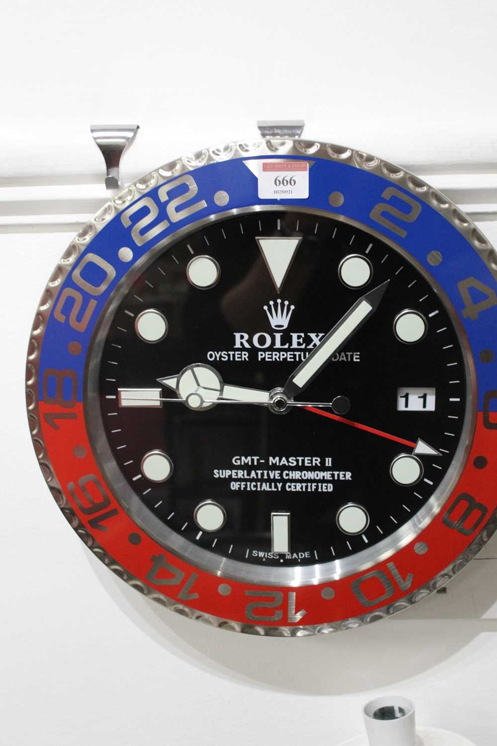 A Rolex style Pepsi dial wall clock, with quartz movement, dia.34cm - Image 2 of 3