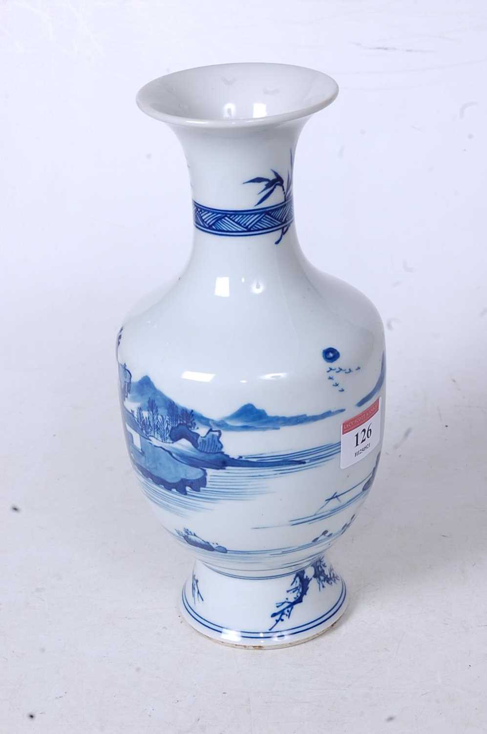 A Chinese export blue and white vase, having a flared rim to a slender neck and bulbous lower - Image 3 of 5