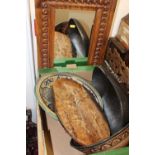 Three various Isnik pottery table bowls, Indian inlaid wall panel, trough, Eastern hardwood framed