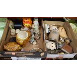 Two boxes of miscellaneous items, to include owl figures, money-box, storage jar and cover, vases