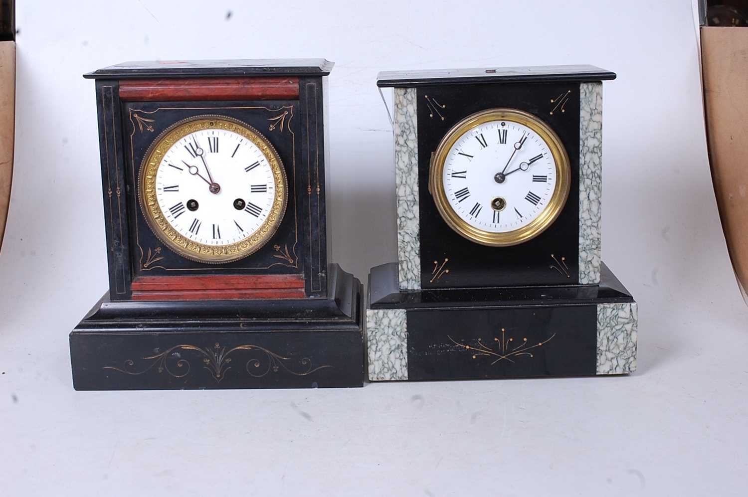 A late Victorian black slate and grey marble mantel clock having an enamel dial with Roman - Image 3 of 3