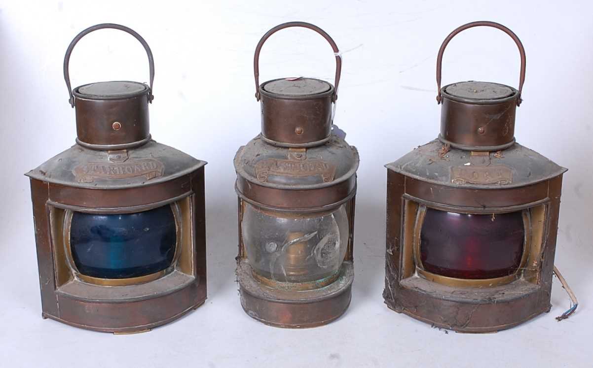 A pair of early 20th century copper ships lanterns for Port and Starboard, later converted, h.