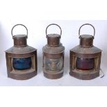 A pair of early 20th century copper ships lanterns for Port and Starboard, later converted, h.
