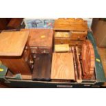 A collection of apprentice furniture to include sundry chests, bedside chest, folding Benares table,
