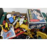 Two boxes of mixed modern issue diecast models and other toys, to include Race n Chase track,