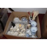 A box of various contemporary Chinese blue & white decorated stonewares, floral decorated napkin