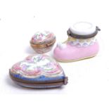 A Limoges style pill-box, of heart shape, having floral enamel decoration in shades of pink, puce