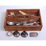 A pine two-division cutlery tray and contents, to include various loose flatware with mixed dates