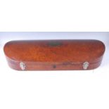 A Victorian burr walnut double violin case, the hinged domed lid with recessed brass handle