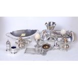 A collection of silver plated wares, to include cruets, egg cups, and a cigarette case