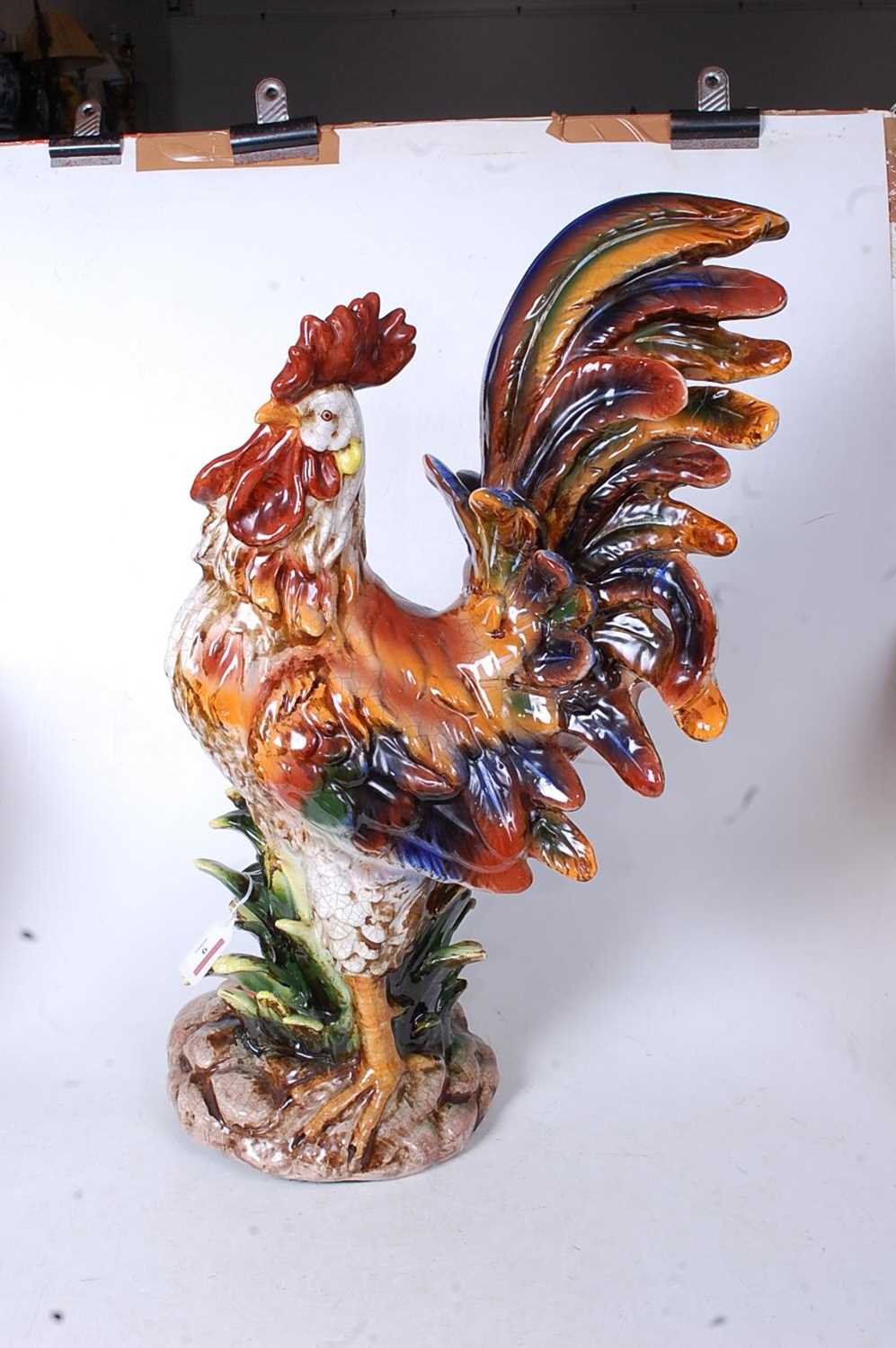 A large 20th century Continental glazed model of a cockerel, in standing pose on naturalistic - Image 3 of 3