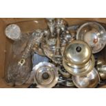 A box of miscellaneous items, to include silver plated muffin warming dish, pair of silver plated