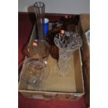 A box containing a collection of cut, pressed and coloured glassware
