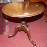 A Victorian figured walnut circular low pedestal tripod table (reduced in height), dia.47cm